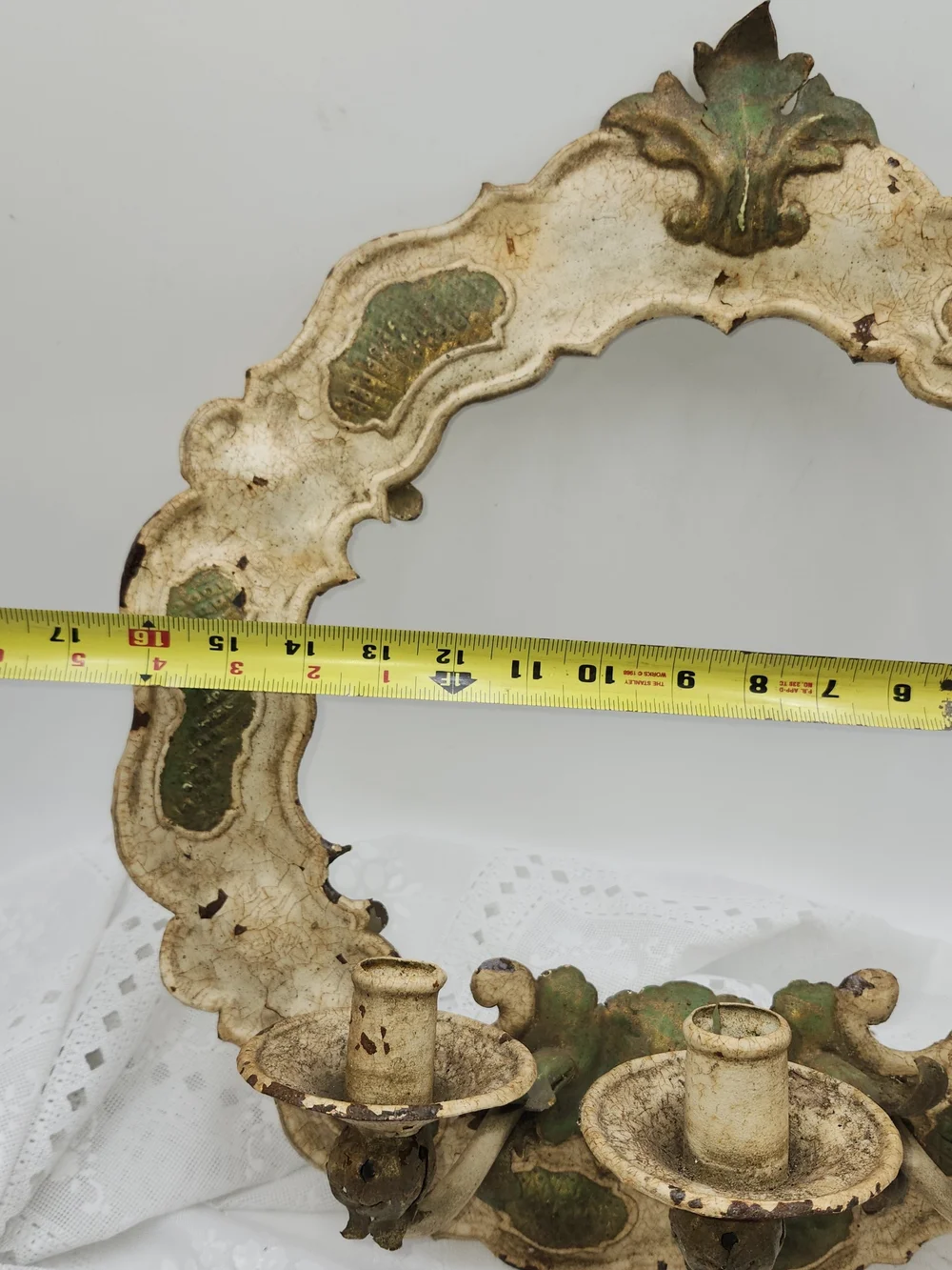 Vintage Antique Cream Metal Wall Sconce Wreath  Taper Candle Distressed 18